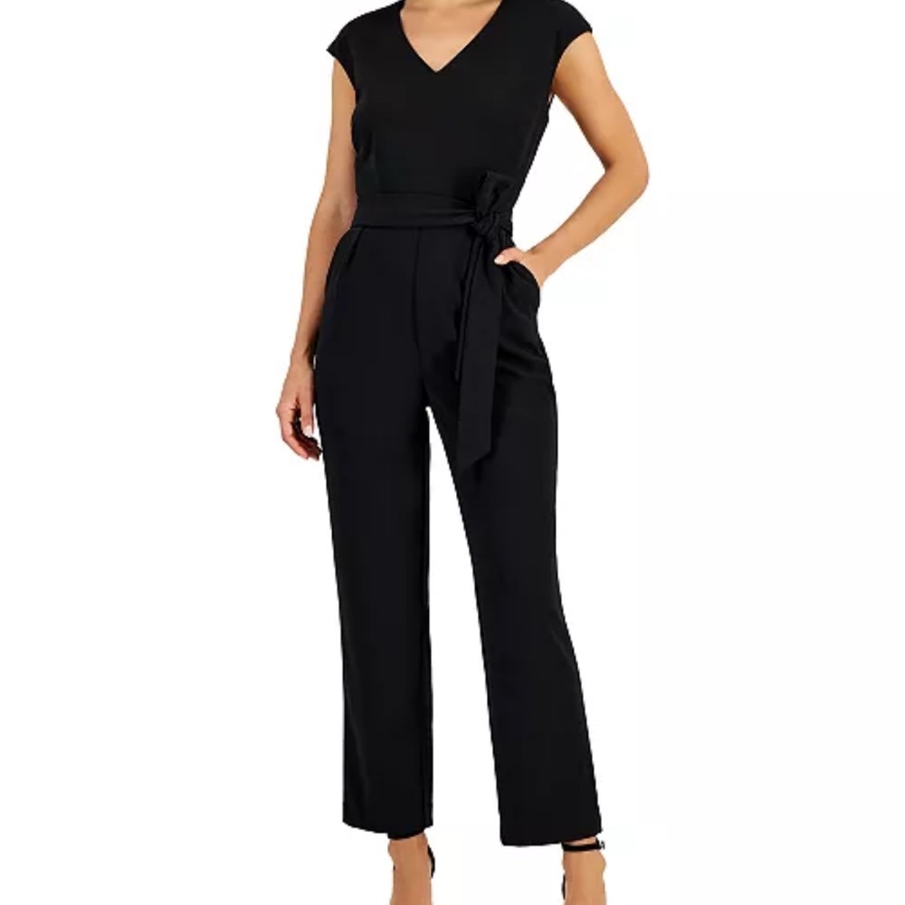 Nine West Black V-Neck Belted Jumpsuit